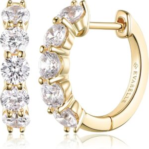 Evabelle Gold Hoop Earrings for Women 14K Real Gold Plated Huggie Hoop Earring Diamond Cut 5A Cubic Zirconia Cuff Earrings Cartilage Hoop Earring Huggie Stud